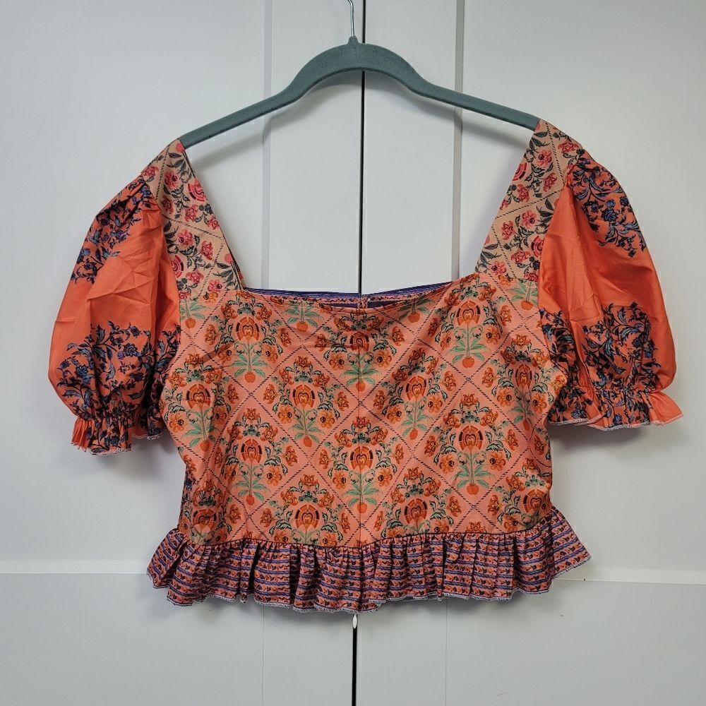 SHEIN Floral Print Puff Sleeve Square Neck Button Front Ruffle Hem Blouse, large - Picture 10 of 11